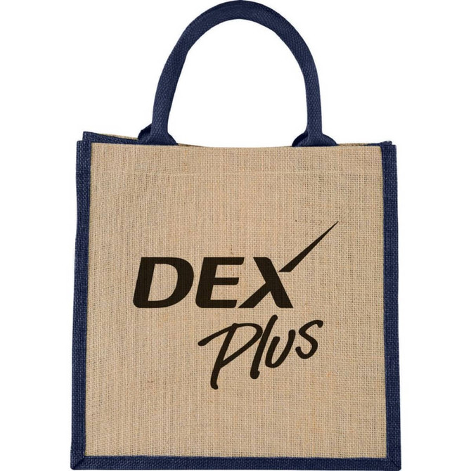 A medium jute tote bag in natural and navy blue, featuring a logo on the front.