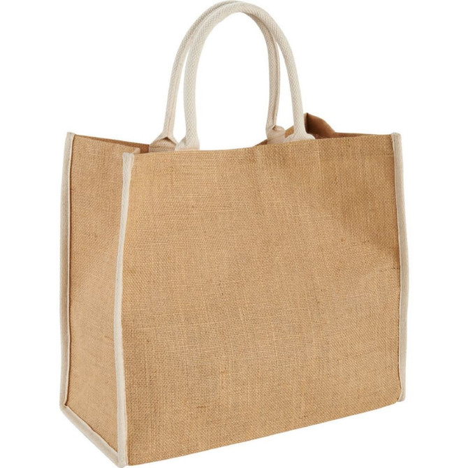 A large jute tote bag in natural beige with white handles, featuring a simple design and branding.