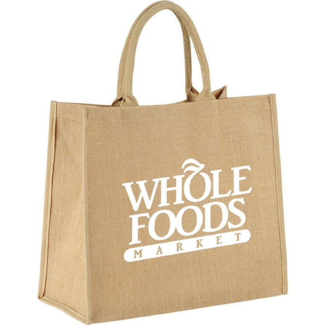A large jute tote bag in a natural brown colour featuring a logo on the front. It has two sturdy handles.