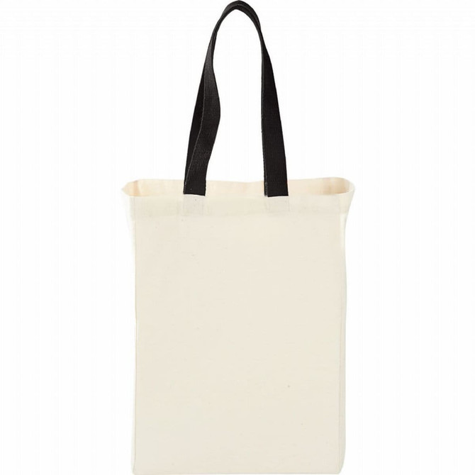 A natural cotton grocery tote in cream with black handles, featuring a simple design and no visible logos.