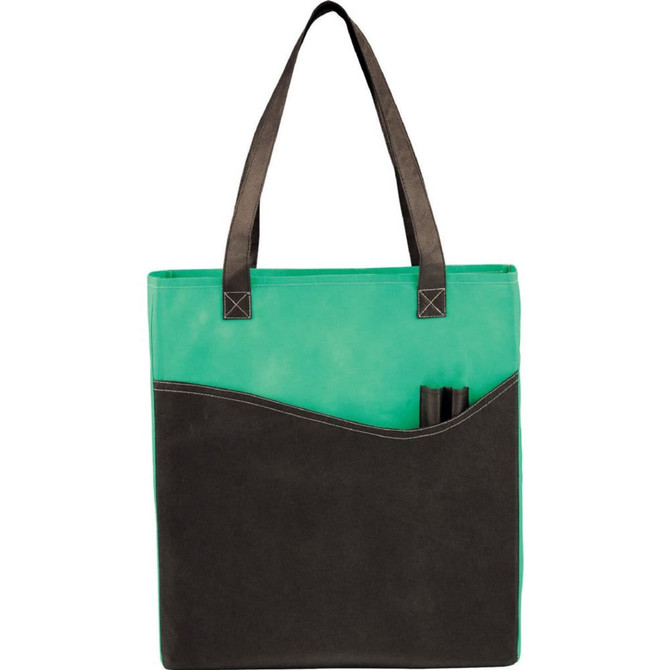 A green and black non-woven tote bag with a large compartment and a pocket on the front. It has sturdy handles and a logo.