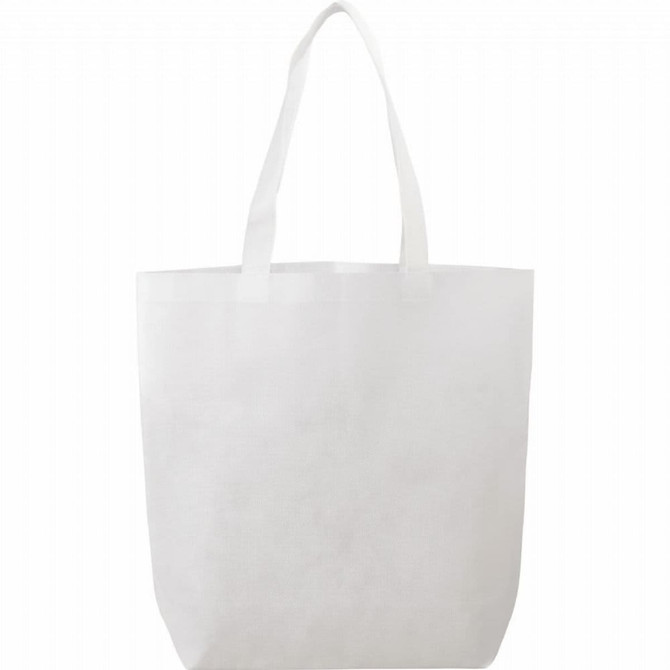 A white non-woven tote bag with two handles and a logo on the front.