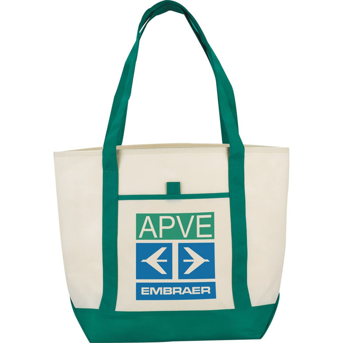 A non-woven tote bag in cream with green handles, featuring a logo and graphic details on the front.