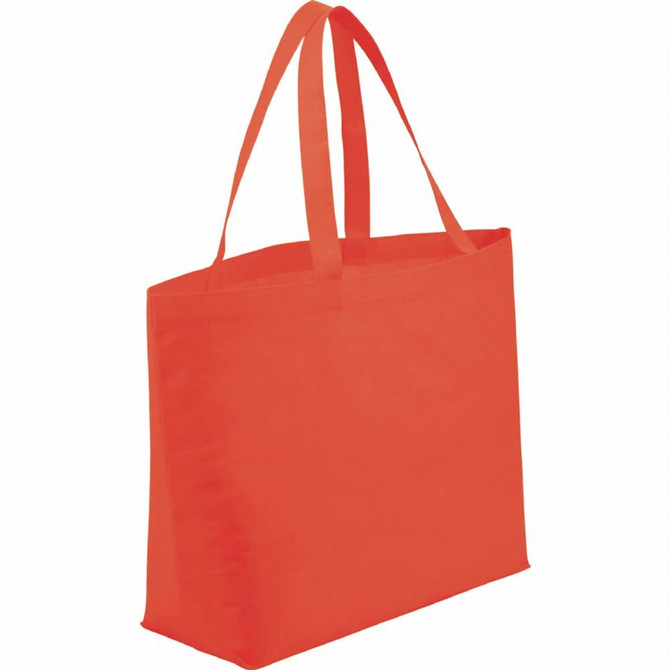 An orange non-woven shopper tote bag with long handles and a simple design. It features a branding logo.