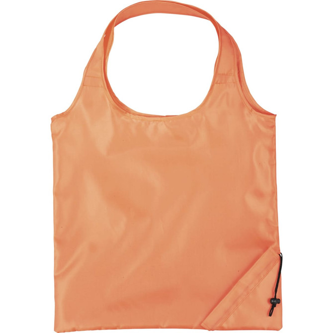 An orange foldaway shopper tote bag with a single strap and a compact design for storage. It features a logo.