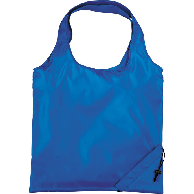A blue foldaway tote bag with long handles and a drawstring pouch for storage. It features a logo.