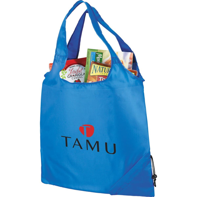 A blue foldaway tote bag with items visible inside, featuring a logo on the front.