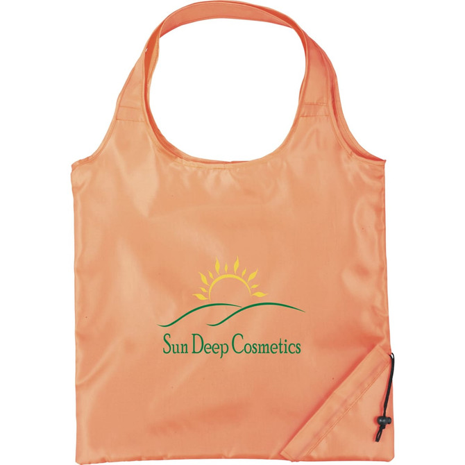 An orange foldaway tote bag with a logo featuring a sun and green text.