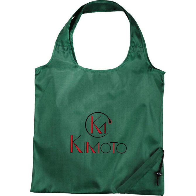 A green foldaway tote bag with a logo, featuring a spacious design and a drawstring closure.