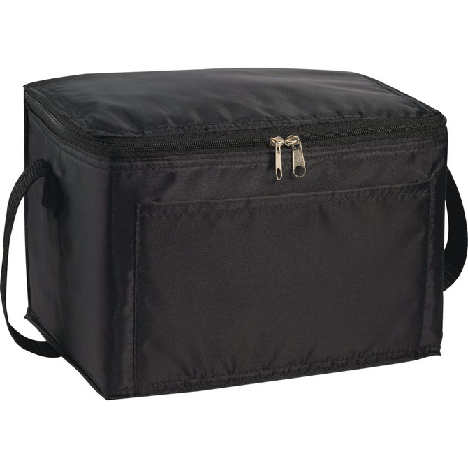 A black cooler bag with a zip closure, featuring side handles and a front pocket. It has a logo on the front.