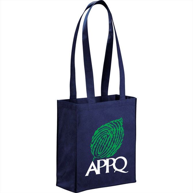 A navy blue non-woven tote bag with two sturdy handles and a logo on the front.