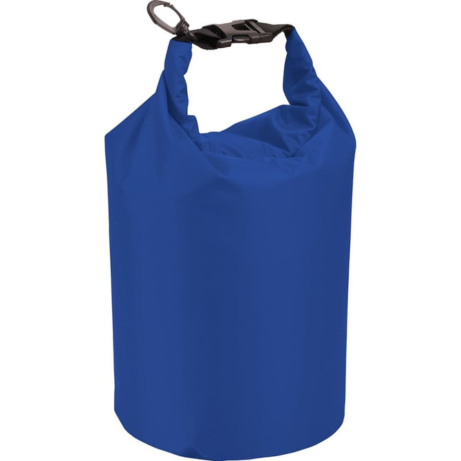 A blue waterproof outdoor bag with a clip handle, designed for dry storage, featuring a simple, sleek design.