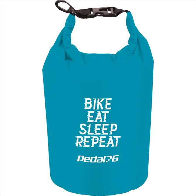 A turquoise waterproof outdoor bag with a black strap and a logo, featuring the text "Bike Eat Sleep Repeat."