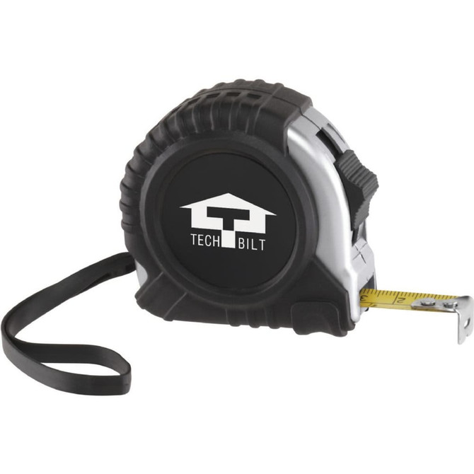 A black and silver tape measure with a logo, featuring a yellow measuring tape and a attached wrist strap.