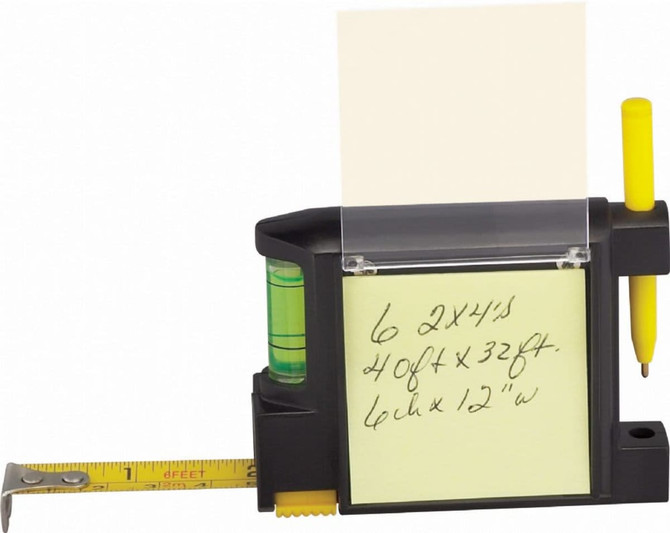 A black combo tape measure with a level, pen holder, and sticky note pad; yellow measuring tape extending from the side.