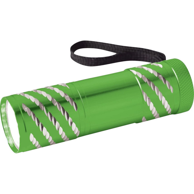A green Astro Flashlight with a textured design and a wrist strap, featuring a metal body and a bright light.