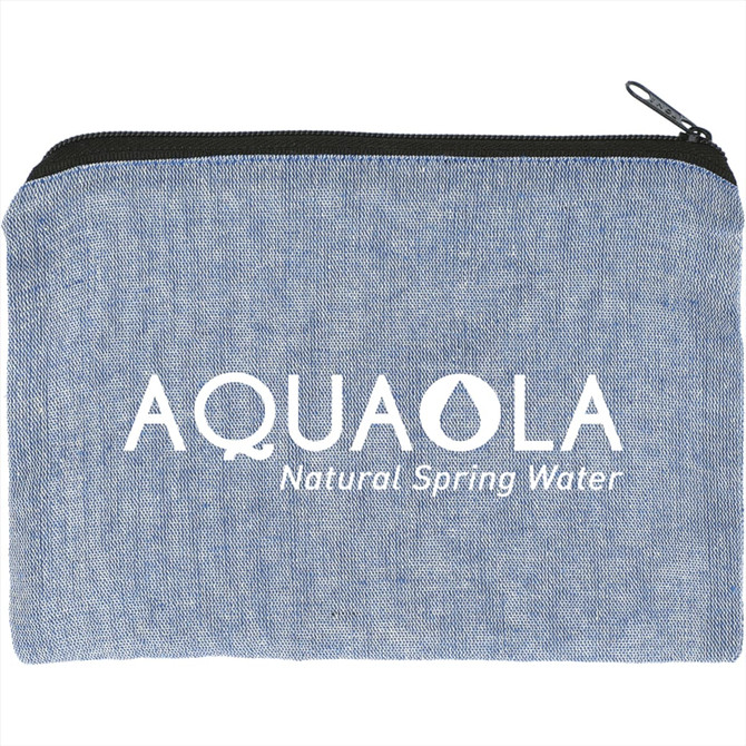 A recycled cotton twill pouch in blue with a zip closure and a logo on the front.