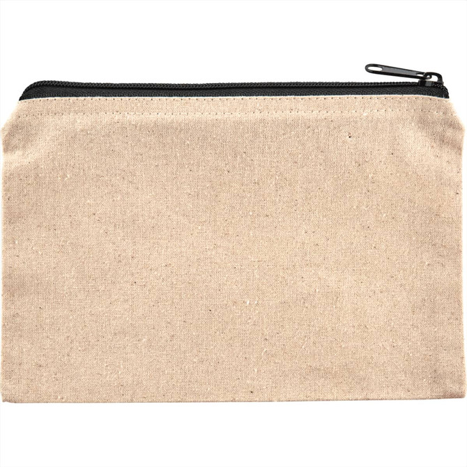 A beige cotton travel pouch with a black zipper, featuring a simple and minimalist design.