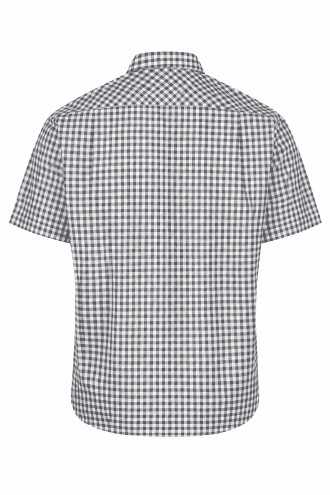 Short-sleeve button-up shirt in a grey and white checkered pattern with a collar and a branding logo.
