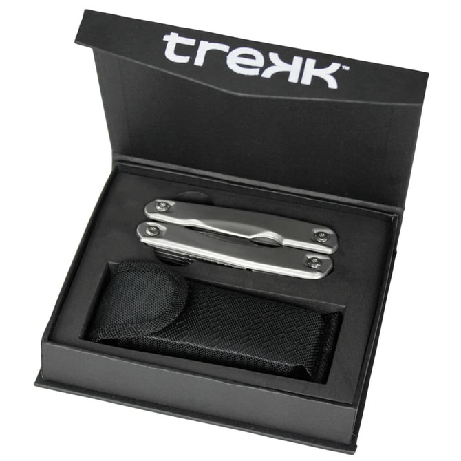 A silver multitool housed in a black box with a fabric pouch for storage. The box features a logo.