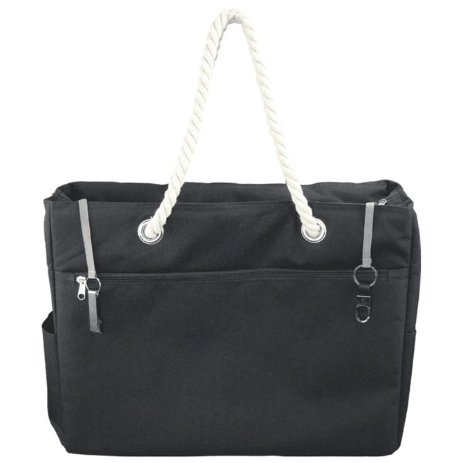 A black waterproof beach bag with a white rope handle and front zip pocket. Features a side pocket and branding.
