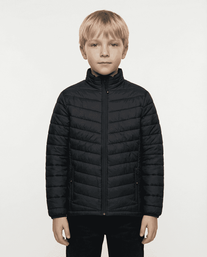 A black puffer jacket designed for kids, featuring a zip-up front and a stand collar.