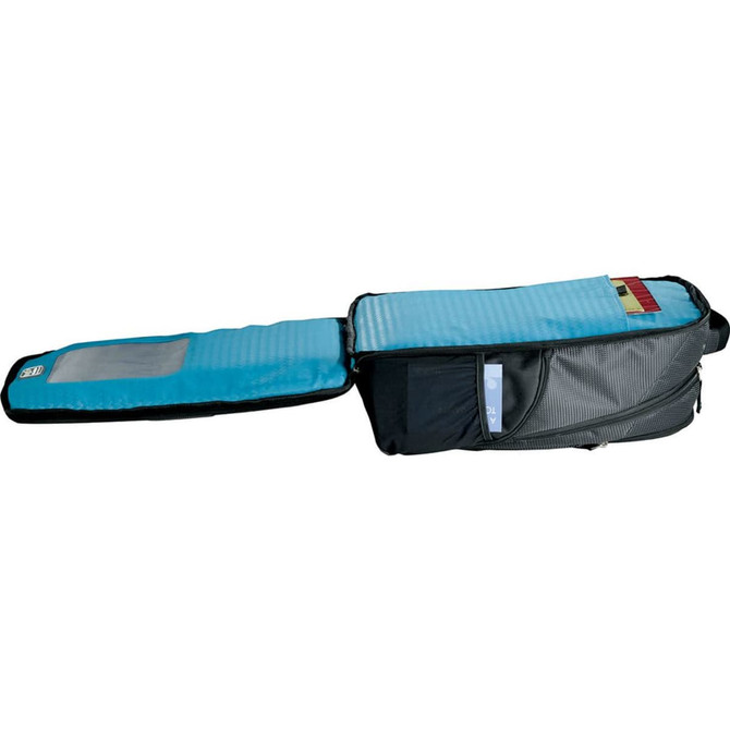 A black and grey compu-backpack with a blue interior, featuring multiple compartments for organisation.