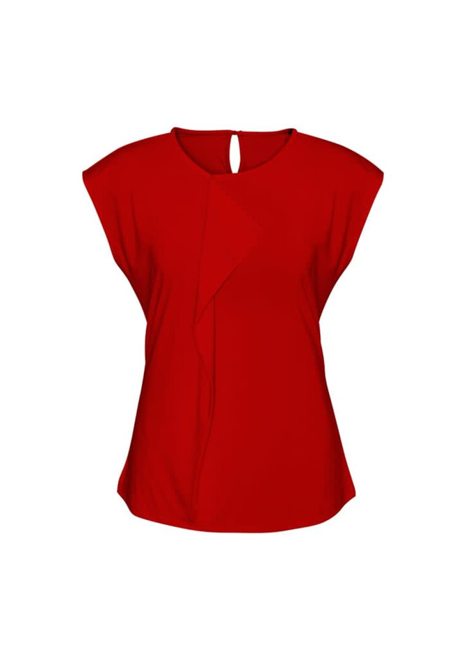 A red women's Mia top featuring a unique drape design and cap sleeves. The top has a keyhole back and includes branding.