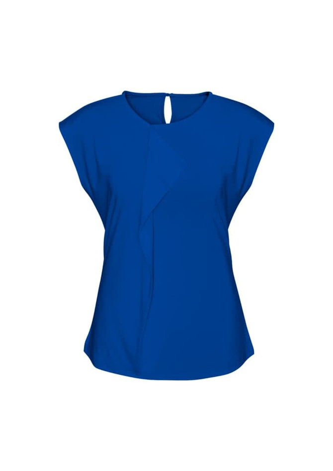 A blue women's top featuring a unique wrap design and cap sleeves. It includes a back keyhole detail and has a logo.