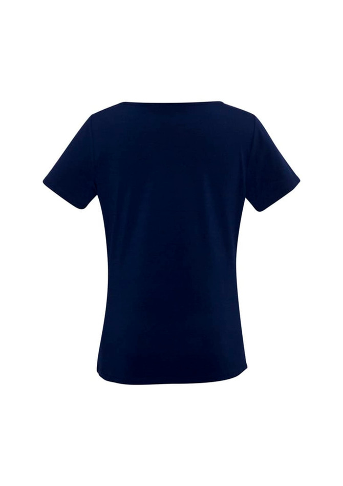 A navy blue women's top with short sleeves and a round neckline. It has a plain design and a branding logo.