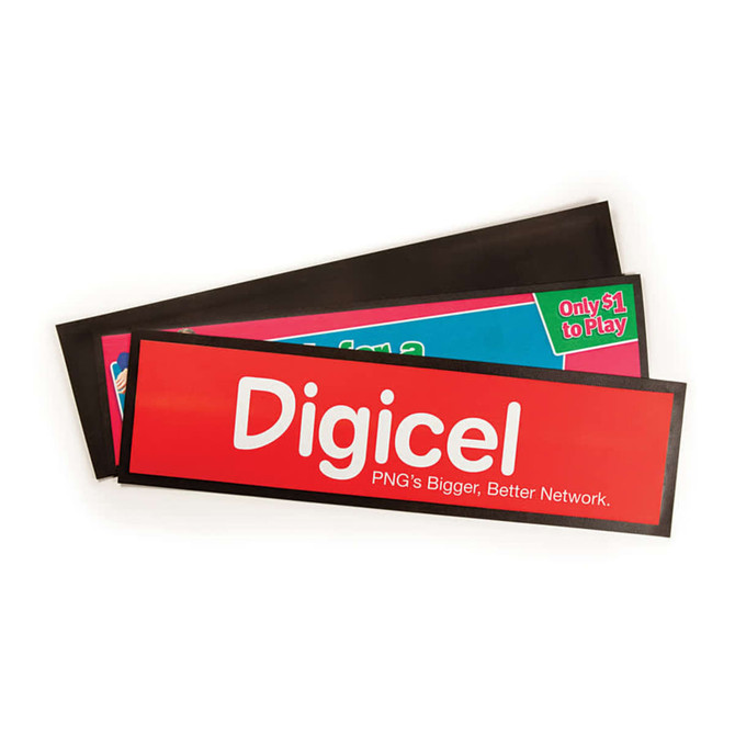 A collection of bar runners in black and red, featuring a prominent logo. Each mat has a different design.