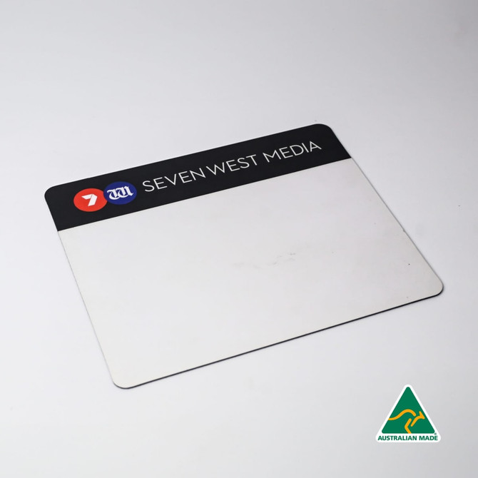 A rectangular mouse mat in black and white, featuring a logo and a blank surface for personalisation.