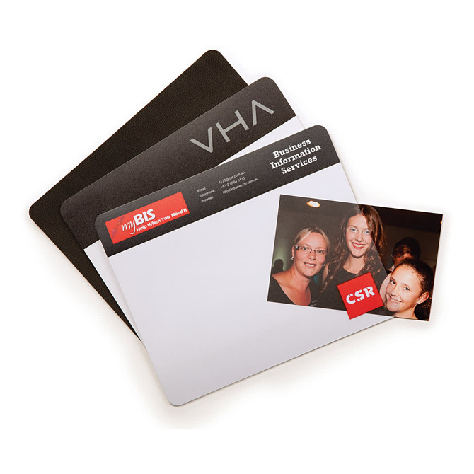 A collection of mouse mats in black and white, featuring logos and a photo on one mat.