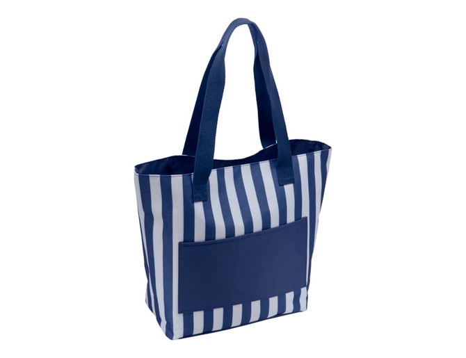 A navy and white striped tote bag with a front pocket and two sturdy handles. Features a logo.