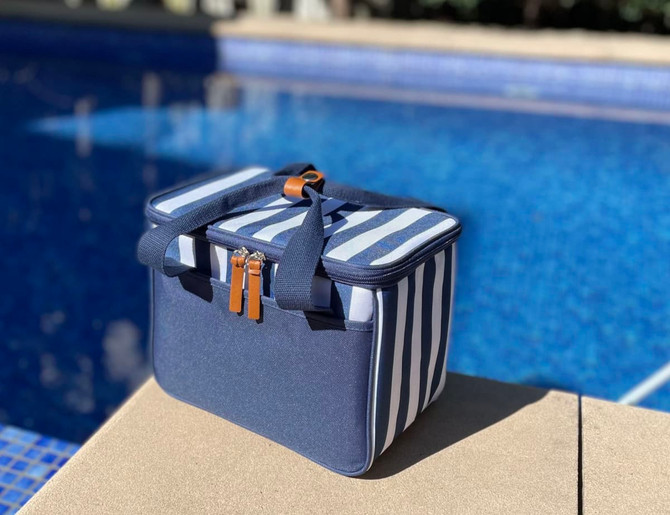 A navy picnic cooler bag with striped sides, featuring two zippered compartments and a handle.