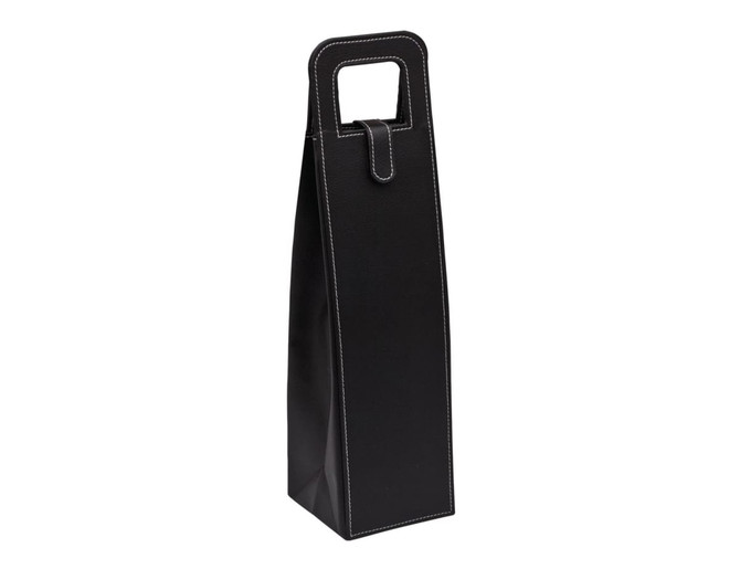 A black bag with a handle and white stitching, designed for carrying bottles. It includes a branding logo.