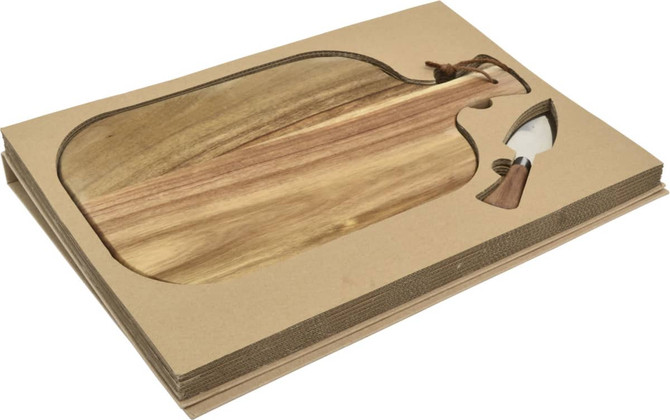 A wooden cheese board in a unique shape, featuring a cheese knife, packaged in a brown cardboard box.