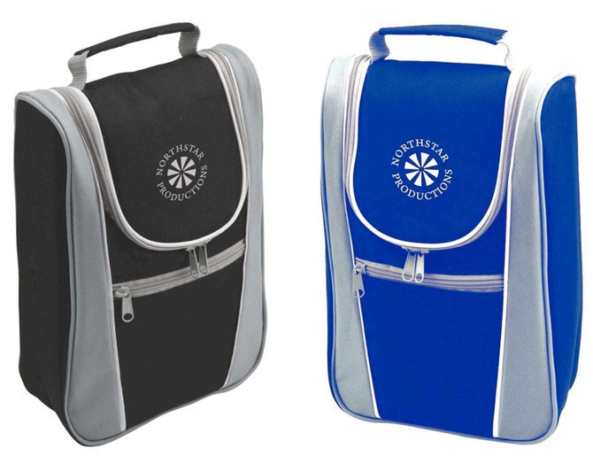 A drink bottle cooler bag in black and blue, featuring a logo, with a zippered front pocket and handle.