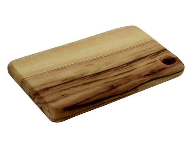 A rectangular cheese board made of light and dark timber with a smooth finish and a rounded edge.