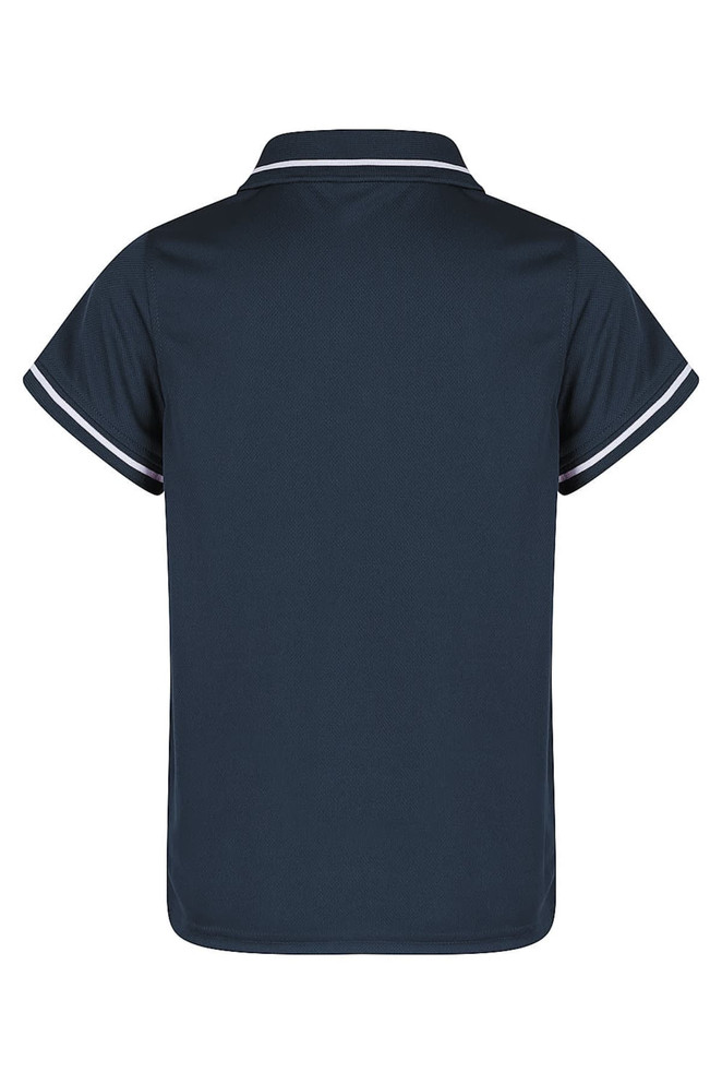 A navy polo shirt with a collar and contrasting trim, featuring a logo on the back.