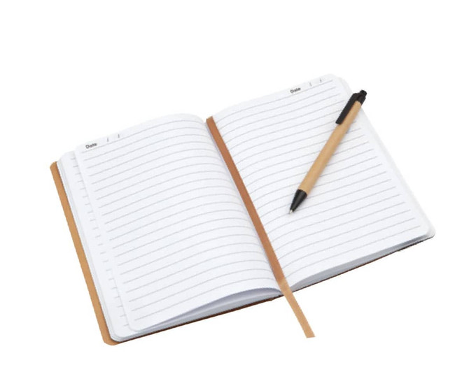 A notepad with lined pages and a tan cover, accompanied by a black pen. The notepad has a logo.