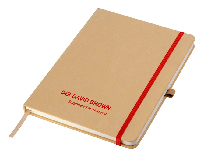 A kraft A5 notebook with a red elastic band and bookmark, featuring a logo on the cover.