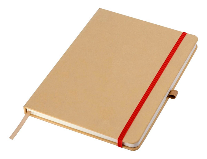 An A5 notebook with a brown kraft cover, featuring a red elastic band and a ribbon bookmark.
