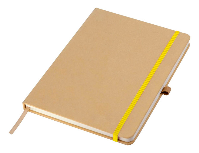 A brown A5 notebook with a yellow elastic band, featuring a ribbon bookmark and a textured cover.