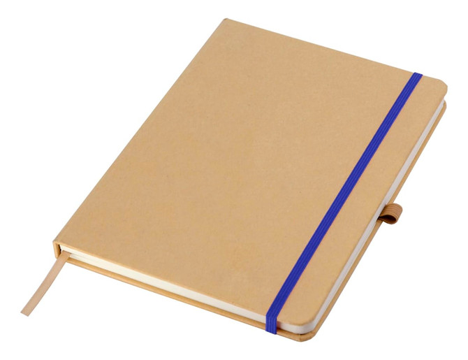 A tan A5 notebook with a blue elastic band and a ribbon bookmark. It has a simple, natural design.