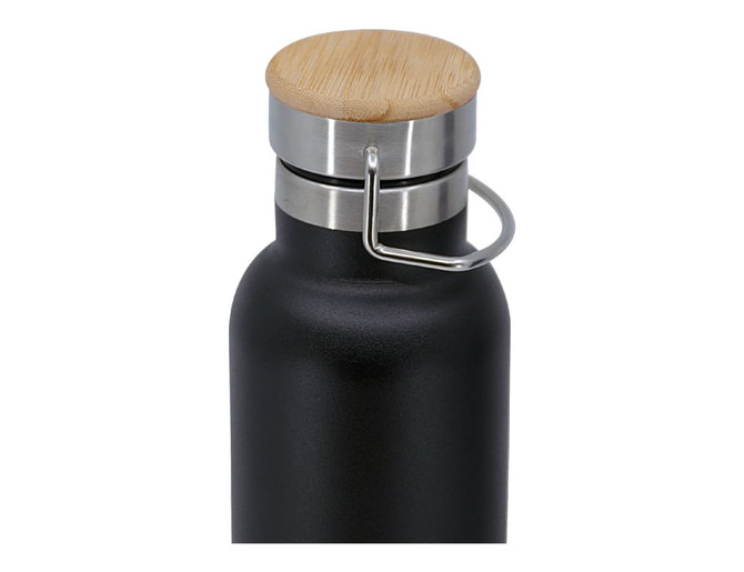 A drink bottle with a black body and a bamboo lid, featuring a metal handle and a branding logo.