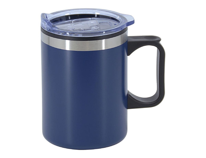 A double wall travel mug in navy blue with a stainless steel band and a clear plastic lid. Features a black handle.