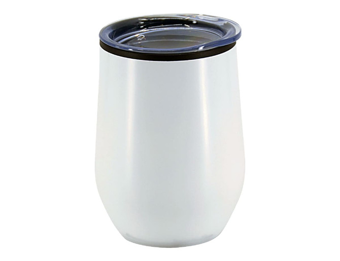 A double wall travel mug in white with a clear lid and a black accent band at the top. It features a logo.