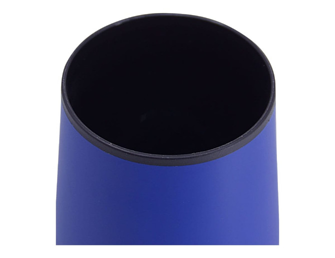 A blue double wall travel mug with a black interior and a simple design. It features a logo.