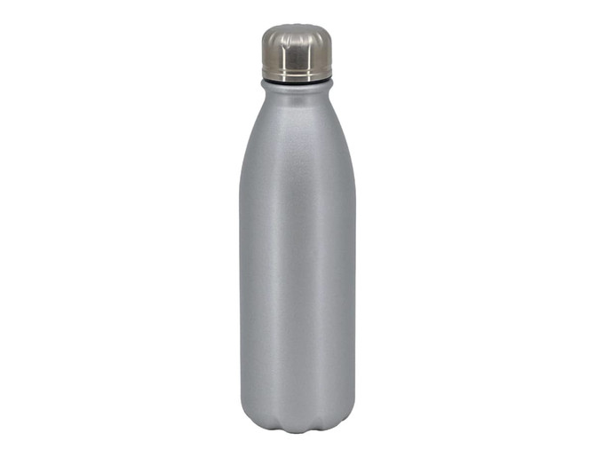 A drink bottle in matte silver aluminium with a silver screw-top lid and a logo.